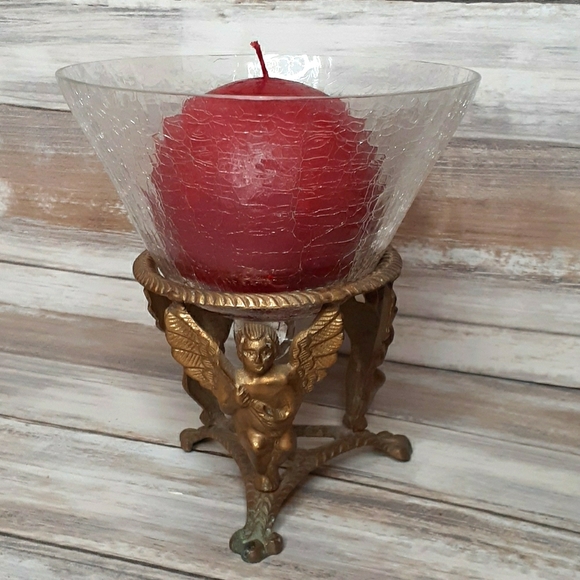 Brass angel/crackled glass candle holder